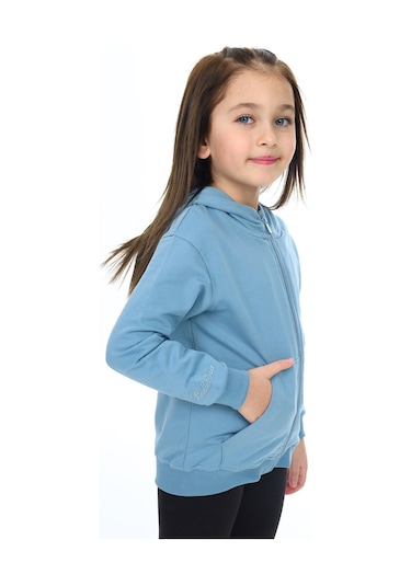 Toontoy Kız Çocuk Kapüşonlu Fermuarlı Cepli Düşük Omuz Nakış Baskılı Örme Hırka - 2 İplik Mavi