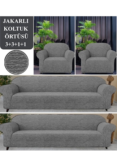 Upmall Jakarlı Koltuk Kanepe Kılıfı Çekyat Örtüsü 3+3+1+1 Gri