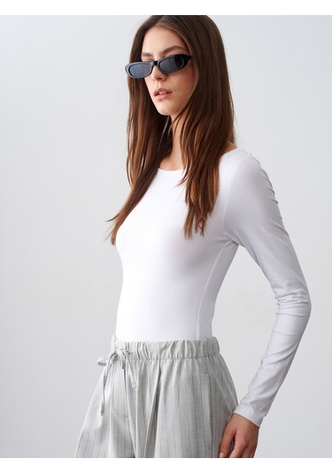 Dilvin 32549 Kayık Yaka Bodysuit-beyaz Beyaz