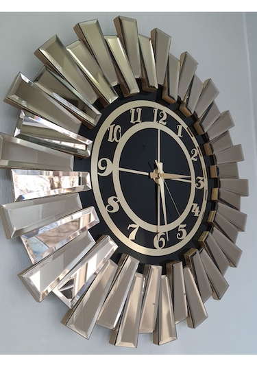 Ayna Denizi Güneş Twins Bronze Black Model Altın Siyah Renk 70 cm Dekoratif Aynalı Duvar Saati Altın - Siyah