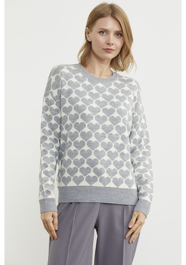 Kalp Desenli Sıfır Yaka Triko Kazak - Gri 001