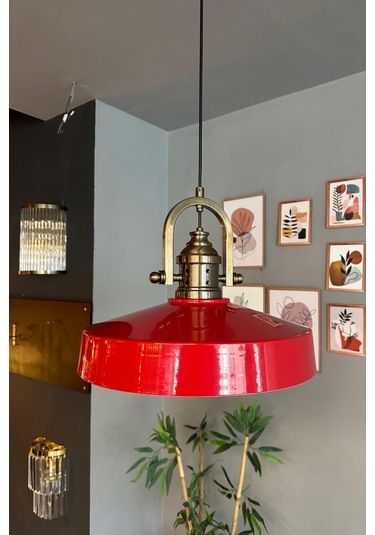 Açe Kırmızı Tekli Delikli Eskitme Başlık Avize Retro Sarkıt Ofis Showroom Salon Mutfak Avizeleri Kırmızı