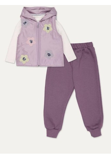 Kız Çocuk Şişme Yelekli 3 Lü Eşofman Takım-15061 Mor