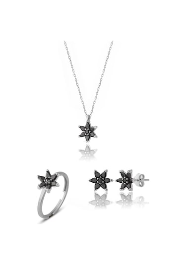 Zanaatsilver 925 Ayar Gümüş Siyah Taşlı Nilüfer Çiçeği Takım & Seti
