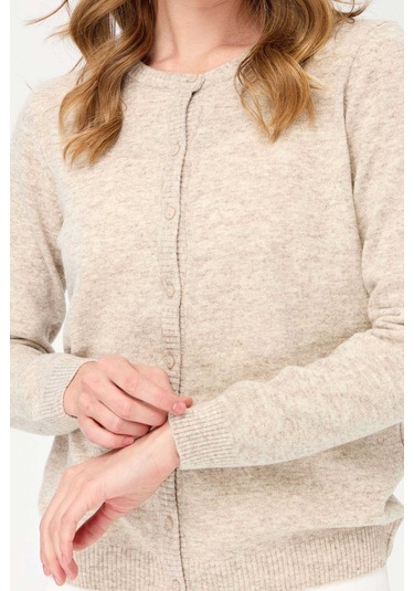 Desen Triko Kadın Sıfır Yaka Triko Yün Hırka 21031 V. Bej