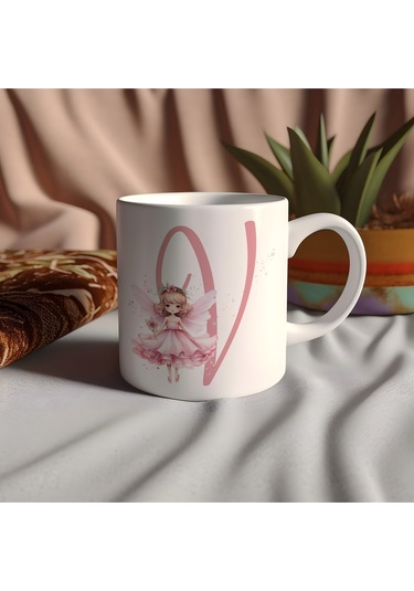 V Harfi Pembe Peri Kızı Figürlü Kupa Bardak Masalsı Çay Kahve Kupası - Kişiye Özel Hediye Beyaz