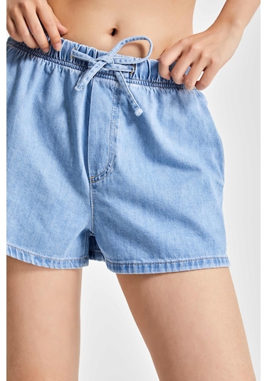 Itsbasic Kadın Mavi Renk 1s5-4 Mini Boy Bol Kesim Beli Lastikli %100 Koton Denim Şort