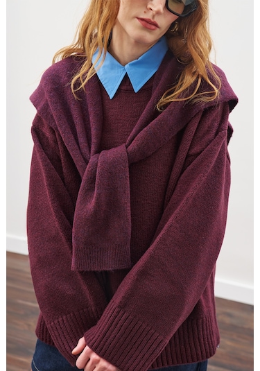 Kare Yaka Bağlamalı Triko Atkı Bordo Bordo