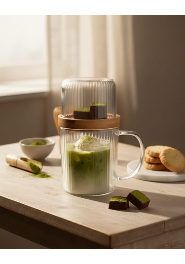 Sunum Fanuslu Bambu Kapaklı Şık Cam Kupa Seti 300ml Cam - Şeffaf