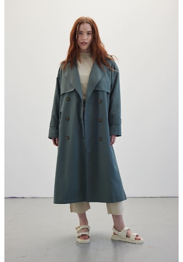 Manuka Düğmeli Kruvaze Trençkot Irmak Yeşil