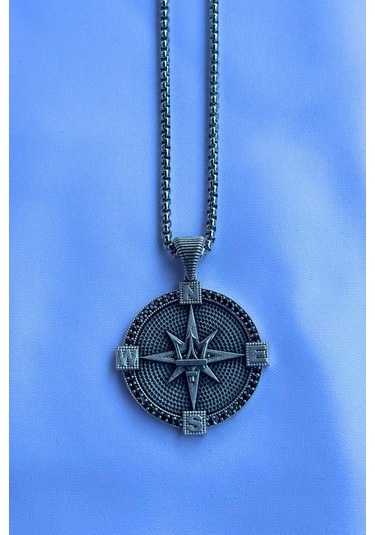 Mızraklı Pusula El İşçiliği Paslanmaz Çelik Zincir Erkek Kolye Gümüş