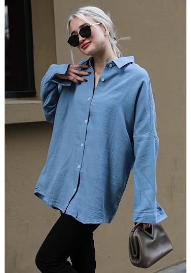 Madmext Mavi Muslin Kumaş Basic Kadın Gömlek Mg1660 Mavi