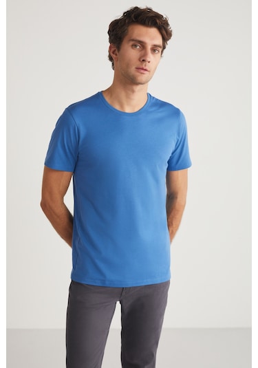 Mıchel Erkek Slim Fit Dar Kesim %100 Organik Pamuklu Yana Kayan Dikişli Basic Örme Mavi T-shirt
