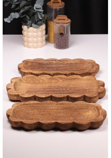 Bambum 3 Parça Pavlonya Noir Dalgalı Kenar Ahşap Sunum Seti Yuvarlak Ve Dikdörtgen Ayaklı Servis Tabaklar Ahşap