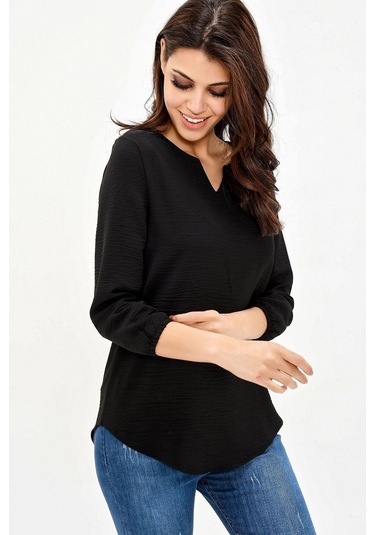 Kadın Siyah Yakası Yırtmaçlı Airobin Bluz Truvakar Kol Kaliteli Dokulu Kumaş Standart Boy Siyah