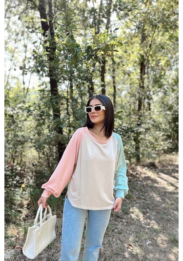 WeShaya Kadın Bej Uzun Balon Kol, Yuvarlak Yaka, Kolları Double Color Block Basic Sweatshirt Bluz Bej
