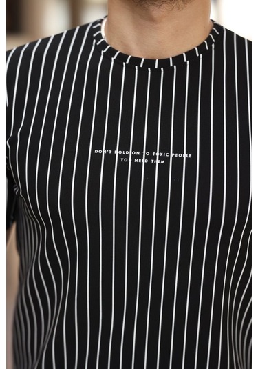 Erkek Dikey Çizgili Ottoman Kumaş Kısa Kollu T-shirt Siyah