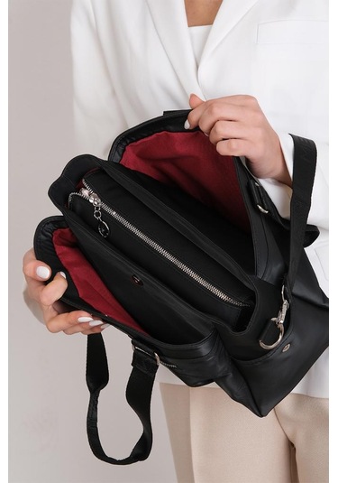 Kadın Omuz Çantası Saten Kumaş 35 25 Cm Çapraz Askılı Postacı Çanta Mega Bag Vegan Deri Kol Çantası Siyah