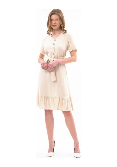 Apsen Kadın Elbise Bej Renk Önden Düğme Detaylı Yazlık Midi Elbise 4437-105 Bej