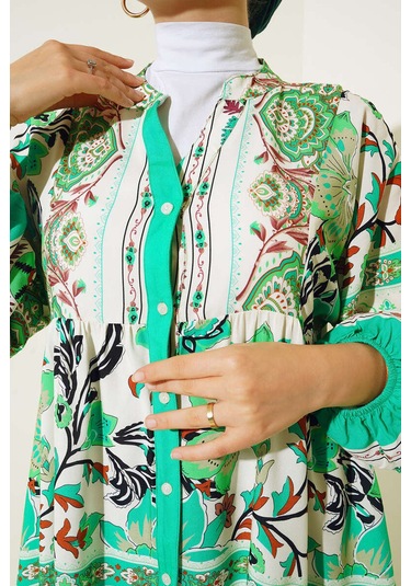 Bigdart 2423 Otantik Desenli Tesettür Elbise - Yeşil