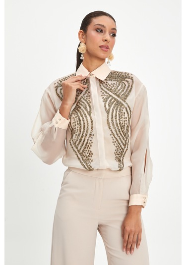 Kadın Şifon Gömlek - Zarif Boncuk İşlemeli Bej