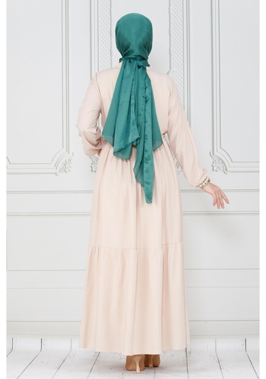 Gömlek Yaka Beli Tünelli Sare Elbise-bej-4074-bej Bej