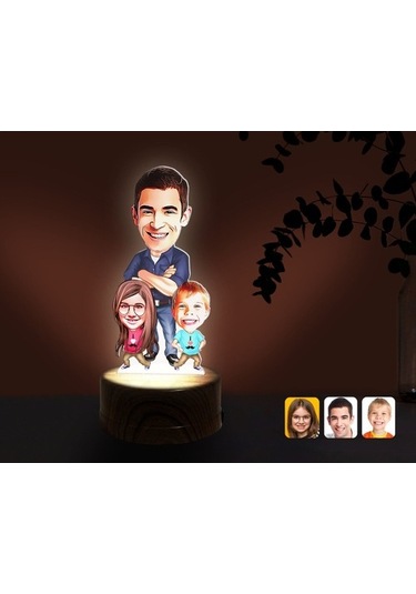 Kişiye Özel Baba Kız Oğul Karikatürlü Dekoratif 3D Biblo Led Işık