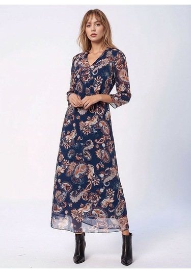 Kadın V Yaka Astarlı Uzun Truvakar Kol Çiçekli Tül Şık Maxi Boy Elbise Lacivert