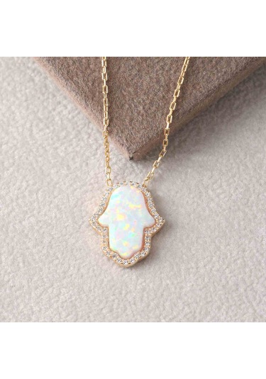 Zirkon Taşlı Pırlanta Montür Altın Kaplama Ortası Beyaz Opal Fatma Nın Eli Gümüş Kolye Gold - Rose Gold - Gümüş