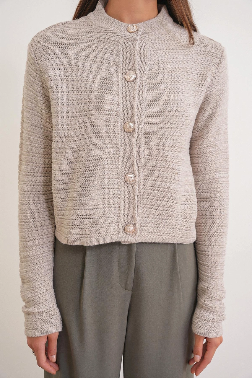 6778 Kadın Links Desenli Crop Triko Hırka Taş Taş