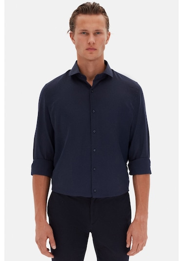 D'S Damat Ds Damat Slim Fit Lacivert İtalyan Yaka Armürlü Gömlek 2HF02ORT3185 Lacivert