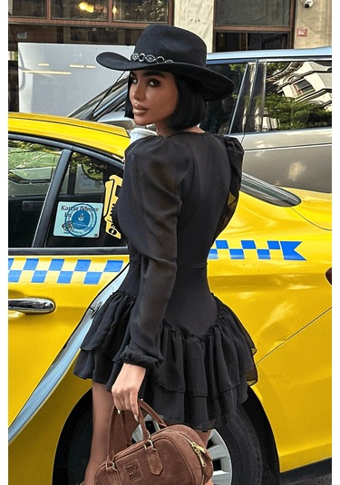 Kadın Vatkalı Kruvaze Yaka Tül Elbise L