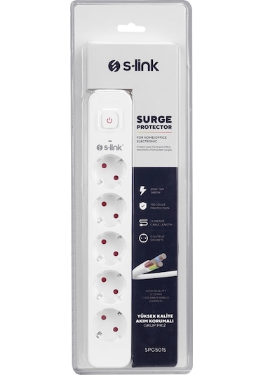 S-lınk Spg501s, 5 Soket, Akım Korumalı Priz, 1.5mt Kablo, 750 Joule Beyaz %100 Bakır