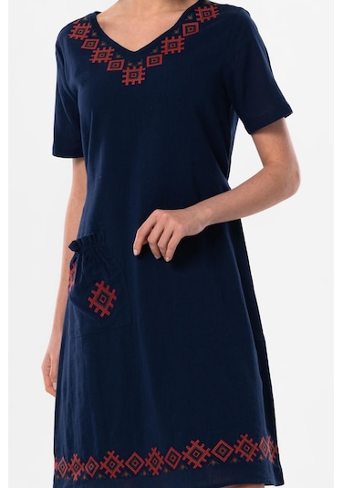 Kolsuz Şile Bezi Kruvaze Yaka Nakışlı Tülin Midi Boy Yazlık Otantik Elbise Lacivert Lcvt-lacivert Lacivert