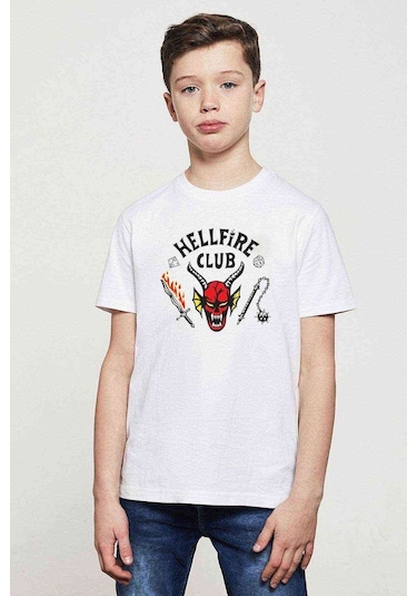 Tshirthane Hellfire Club Stranger Things 4 Baskılı Unisex Çocuk Beyaz T-Shi