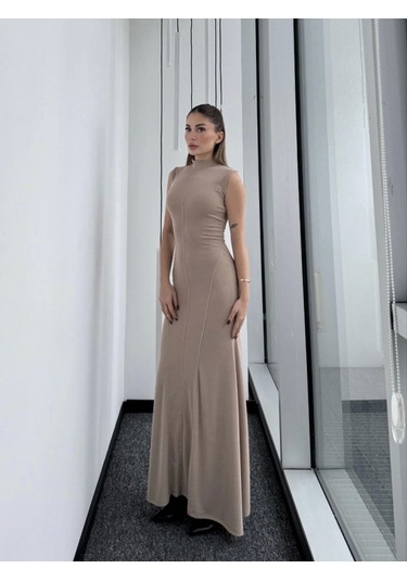 Kolsuz Yarım Bogazlı Uzun Elbise- Bej BEJ