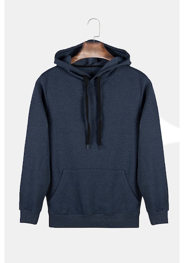 Unisex İndigo Kapüşonlu Arkası Polizei Baskılı Slim Fit Kanguru Cepli Sweatshirt Indigo