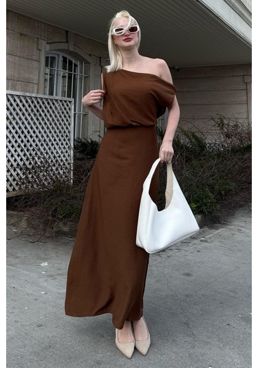 Madmext Madmext Kahverengi Düşük Omuz Elbise Mg2349 Kahverengi