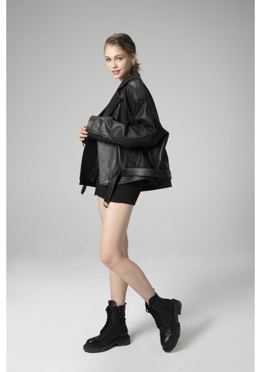 Siyah Dericlub Wm031 Jumbo Oversize Biker Gerçek Deri Unisex Mont
