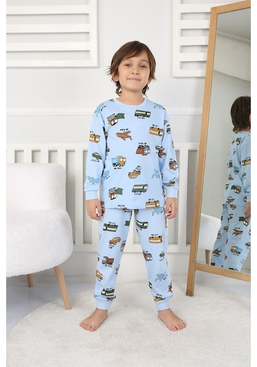 Zuzunga Transportation Veichle Desenli Çocuk Pijama Takımı Alt-üst Bej 3-8 Yaş Mavi