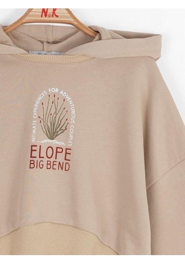 Kız Çocuk Pamuklu Orta Kalınlık Kapüşonlu Crop Sweatshirt-14707 Vizon