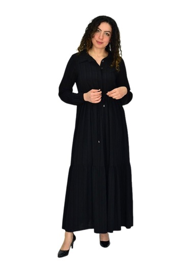 Kadın Uzun Kol Lastikli Kabartma Çizgili Elbise Bgl-st04676 siyah