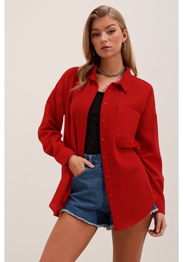 Gülsüm Aydın 20153 Tek Cepli Oversize Gömlek - Kırmızı Kırmızı