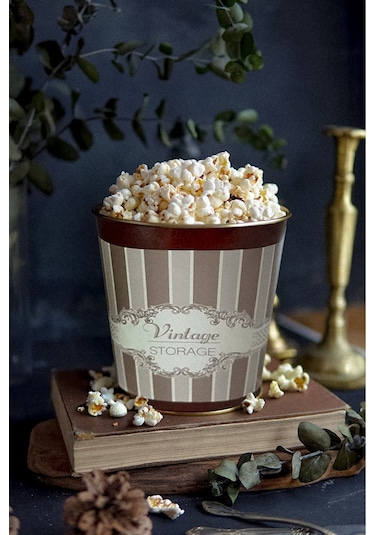Metal Popcorn Kutusu - Patlamış Mısır Kovası 13.5 Cm, Elegance Er149-8b Desenli