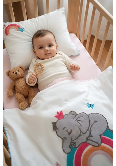 Lucky Pembe Punch Nakışlı %100 Pamuklu Bebek Nevresim Takımı Çok Renkli