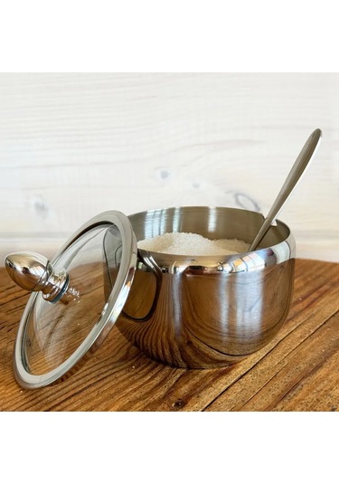 Geeksen Paslanmaz Çelik Şeker Kavanozu, 300 Ml Kapasiteli, Cam Kapaklı, Kaşık Dahil, Mutfak İçin Pratik Çözüm Diğer