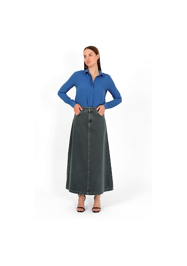 Yüksek Bel A Kesim Denim Etek Yeşil