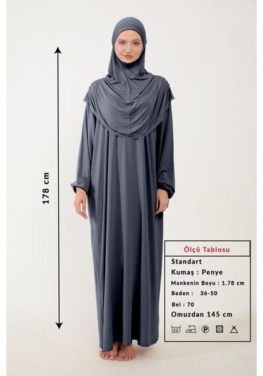 Kadın Tesettür Pamuklu Başörtülü Namaz Elbisesi Dantelli Tek Parça Penye Kumaş Füme