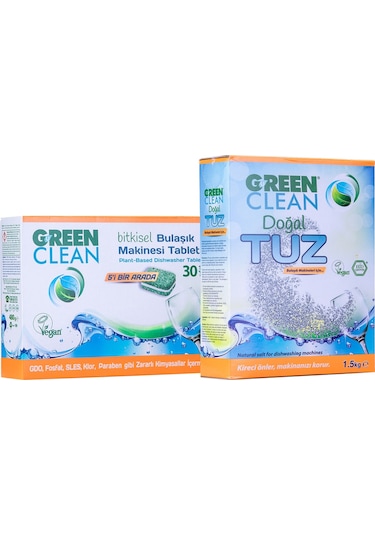 Green Clean Bitkisel Bulaşık Makinesi Tableti 30 Tablet + Tuz 1500 G