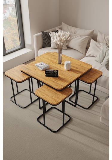 4+1 Siyah Ayak 18mm Atlantik Çam Sunta Radüslü Orta Sehpa